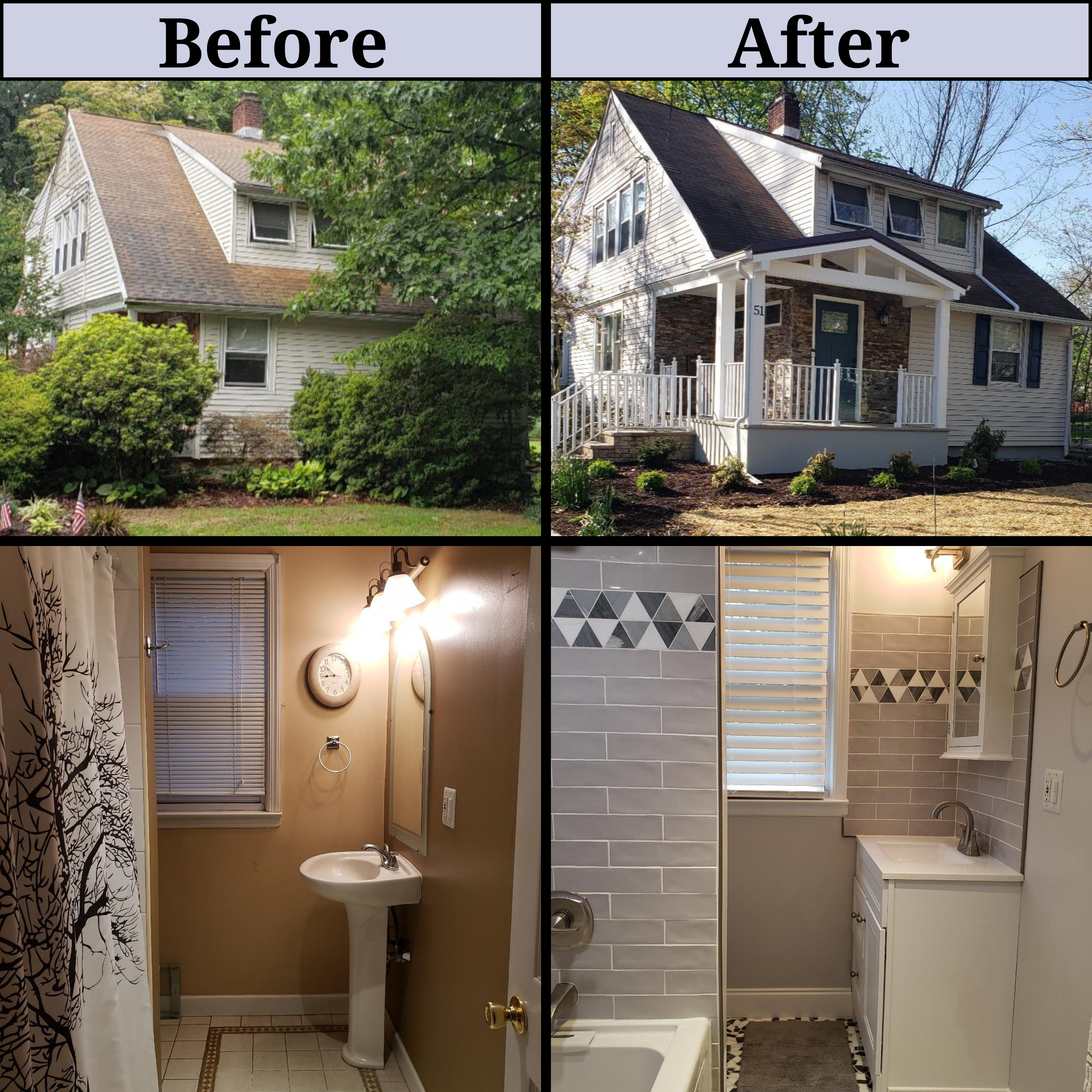 Collage of four images. On the left, in a column labeled 'Before', a house and, below it, a bathroom. On the right, in a column labeled 'After', the same house and bathroom with stylistic and construction improvements.